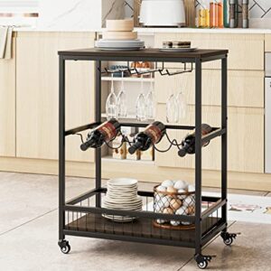 HITHOS Industrial Bar Carts for The Home, Mobile Bar Serving Cart, Wine Cart on Wheels, Beverage Cart with Wine Rack and Glass Holder, Rolling Drink Trolley for Living Room, Kitchen, Dark Brown