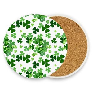lucky clover shamrocks drink coaster with cork base, patrick day round moisture absorbent coasters set tabletop protection home decor