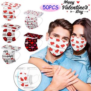 50 Pcs Valentine's Day Disposable Face_Mask for Adult, 3-Ply Breathable Love Hearts Printed Designs with Nose Wire (MultiColor_2)