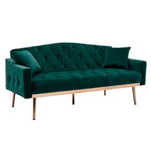 accent couch,velvet futon sofa bed,sleeper sofa couch with 2 pillows,tufted loveseat sofa with 5 golden metal legs mid century modern sofas for home living room bedroom(green)