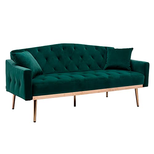 Accent Couch,Velvet Futon Sofa Bed,Sleeper Sofa Couch with 2 Pillows,Tufted Loveseat Sofa with 5 Golden Metal Legs Mid Century Modern Sofas for Home Living Room Bedroom(Green)