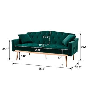 Accent Couch,Velvet Futon Sofa Bed,Sleeper Sofa Couch with 2 Pillows,Tufted Loveseat Sofa with 5 Golden Metal Legs Mid Century Modern Sofas for Home Living Room Bedroom(Green)