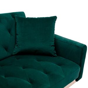 Accent Couch,Velvet Futon Sofa Bed,Sleeper Sofa Couch with 2 Pillows,Tufted Loveseat Sofa with 5 Golden Metal Legs Mid Century Modern Sofas for Home Living Room Bedroom(Green)