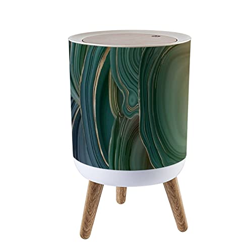 Small Trash Can with Lid Agate Marble Fluid Abstract Gold Stripe Texture Green Marble Agate 7 Liter Round Garbage Can Elasticity Press Cover Lid Wastebasket for Kitchen Bathroom Office 1.8 Gallon