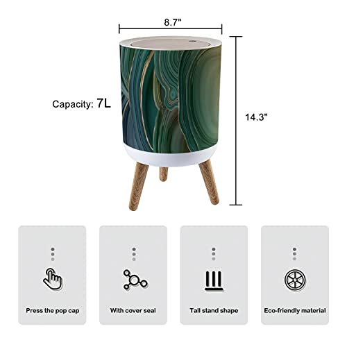 Small Trash Can with Lid Agate Marble Fluid Abstract Gold Stripe Texture Green Marble Agate 7 Liter Round Garbage Can Elasticity Press Cover Lid Wastebasket for Kitchen Bathroom Office 1.8 Gallon