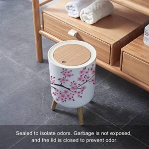 EINGDVPRWEK Trash Can with Lid Cherry Blossom Spring Flower Japan Press Cover Small Garbage Bin Round with Wooden Legs Waste Basket for Bathroom Kitchen Bedroom 7L/1.8 Gallon Multicolor 8.6*14.3 inch