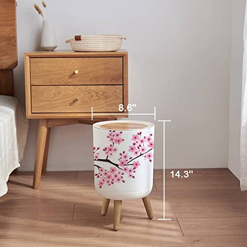 EINGDVPRWEK Trash Can with Lid Cherry Blossom Spring Flower Japan Press Cover Small Garbage Bin Round with Wooden Legs Waste Basket for Bathroom Kitchen Bedroom 7L/1.8 Gallon Multicolor 8.6*14.3 inch