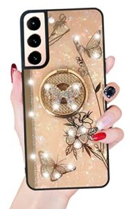 for samsung galaxy s22 case for women with ring stand,luxury bling diamond pearl hard back cute butterfly flower design,soft rugged tpu bumper gold plating mirror strip phone cover for s22 pink