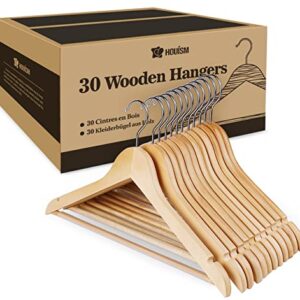 HOUÍSM Wooden Hangers 30 Pack, Solid Wooden Suit Hangers Coat Hangers with Non-Slip Pants Bar, 360° Swivel Hook & Notches, Smooth Finish, Heavy Duty Clothes Hangers for Coats, Suits, Pants and Jackets