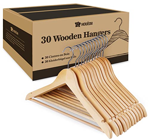 HOUÍSM Wooden Hangers 30 Pack, Solid Wooden Suit Hangers Coat Hangers with Non-Slip Pants Bar, 360° Swivel Hook & Notches, Smooth Finish, Heavy Duty Clothes Hangers for Coats, Suits, Pants and Jackets