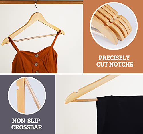 HOUÍSM Wooden Hangers 30 Pack, Solid Wooden Suit Hangers Coat Hangers with Non-Slip Pants Bar, 360° Swivel Hook & Notches, Smooth Finish, Heavy Duty Clothes Hangers for Coats, Suits, Pants and Jackets