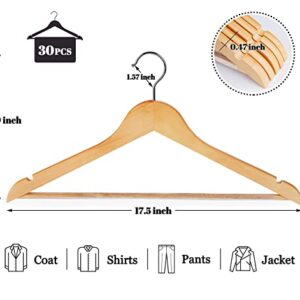 HOUÍSM Wooden Hangers 30 Pack, Solid Wooden Suit Hangers Coat Hangers with Non-Slip Pants Bar, 360° Swivel Hook & Notches, Smooth Finish, Heavy Duty Clothes Hangers for Coats, Suits, Pants and Jackets