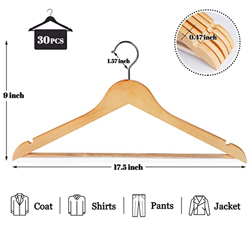 HOUÍSM Wooden Hangers 30 Pack, Solid Wooden Suit Hangers Coat Hangers with Non-Slip Pants Bar, 360° Swivel Hook & Notches, Smooth Finish, Heavy Duty Clothes Hangers for Coats, Suits, Pants and Jackets