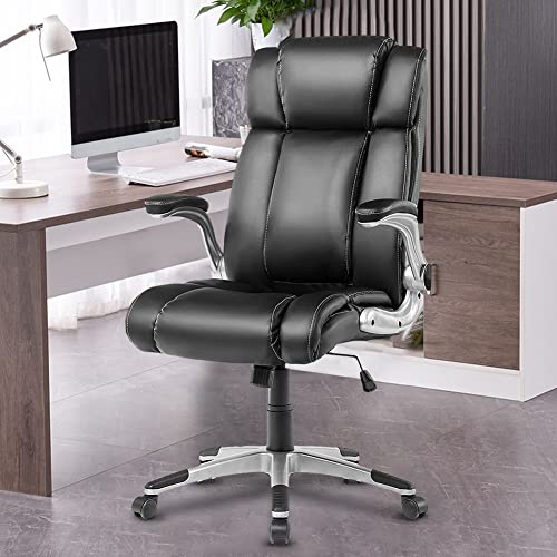 KCREAM Executive Office Chair PU Leather with Flip-up Arms, Desk Chair Swivel Task Chair with Lumbar Support, Adjustable Height/Tilt, 360-Degree Swivel, 300Lb Weight Capacity