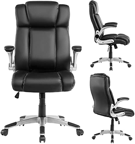 KCREAM Executive Office Chair PU Leather with Flip-up Arms, Desk Chair Swivel Task Chair with Lumbar Support, Adjustable Height/Tilt, 360-Degree Swivel, 300Lb Weight Capacity