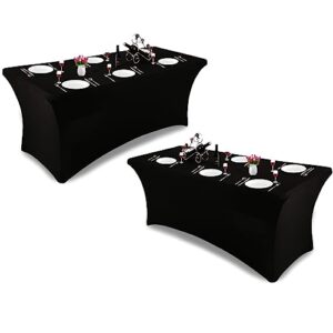 yiibaii table covers rectangular fitted spandex tablecloths for indoor patio wedding banquet table cover party stretchable washed tablecloth,band 2 laundry bags (black, 2pcs 6ft)