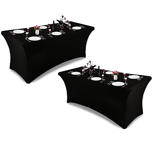 YIIBAII Table Covers Rectangular Fitted Spandex Tablecloths for Indoor Patio Wedding Banquet Table Cover Party Stretchable Washed Tablecloth,Band 2 Laundry Bags (Black, 2PCS 6FT)