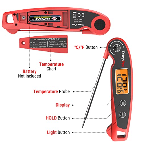 TempPro F05 Digital Meat Thermometer for Cooking with Motion Sensing, Waterproof Food Thermometer for Kitchen BBQ Oil Grill Smoker Candy Thermometer Black/red