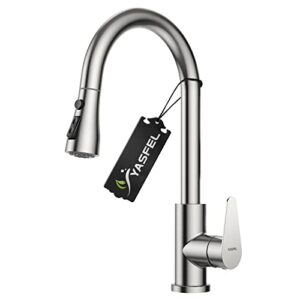 yasfel faucet for kitchen sink - modern high arc pull down kitchen faucets brushed nickel, single handle stainless steel kitchen sink faucets with pull down sprayer