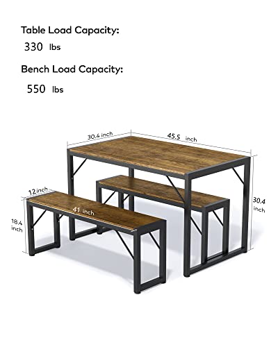 Dining Table Set for 4, 4 Seat Dining Room Table Set, 3 Piece Kitchen Table Set, Rectangular Table Set, Wood Modern Table and Bench Set, 45.5 x 30.4 x 30.4 inch, Metal Frame and MDF Board (Retro)