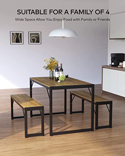 Dining Table Set for 4, 4 Seat Dining Room Table Set, 3 Piece Kitchen Table Set, Rectangular Table Set, Wood Modern Table and Bench Set, 45.5 x 30.4 x 30.4 inch, Metal Frame and MDF Board (Retro)