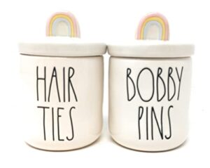 rae dunn by magenta ll hair ties and bobby pins jar set with rainbow handles, 4" tall x 2.75" wide each, ceramic jars, bathroom, bedroom, make up, holder, storage, canister, organizer