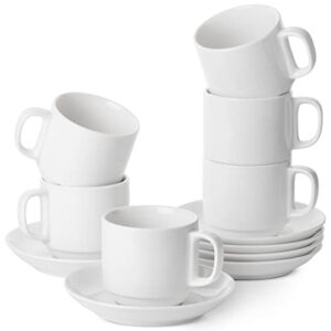 btat- stackable tea cups and saucers, white, set of 6 (8 oz), cappuccino cups, coffee cups, white tea cup set, british coffee cups, porcelain tea set, latte cups