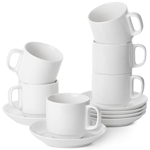 BTaT- Stackable Tea Cups and Saucers, White, Set of 6 (8 oz), Cappuccino Cups, Coffee Cups, White Tea Cup Set, British Coffee Cups, Porcelain Tea Set, Latte Cups