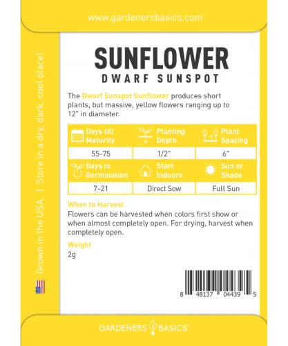 Dwarf Sunflower Seeds for Planting Flowers - (Yellow Sunspot) is an Open-Pollinated, Non-GMO Sun Flower Variety- Dwarf Yellow Sunflower Seeds Great for Outdoor Flower Gardening by Gardeners Basics