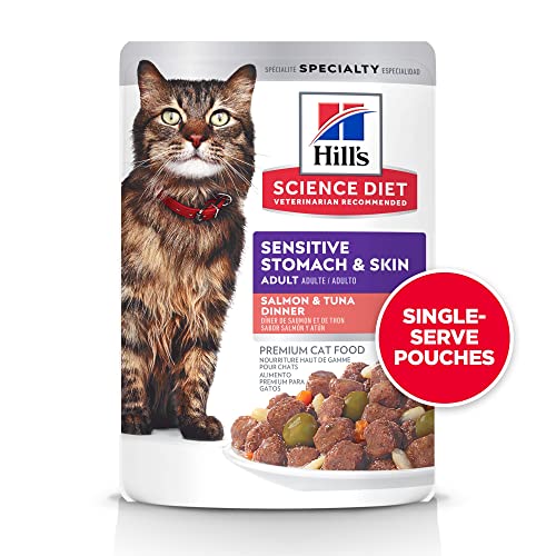 Hill's Science Diet Adult Sensitive Stomach & Skin Wet Cat Food Pouches, Salmon & Tuna, 2.8 oz., 24-Pack