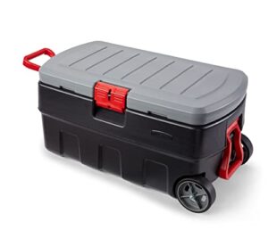 rubbermaid actionpacker 35 gal wheeled lockable storage bin with lid, heavy-duty water repellent industrial container with built-in durable wheels, great tool organizer, truck bed storage, and more
