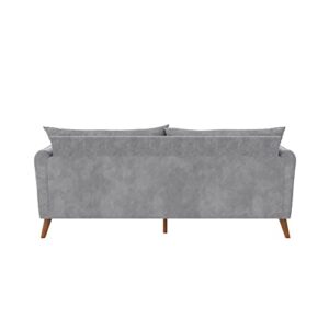 Novogratz Magnolia 3 Seater Sofa with Pillows, Pocket Coil Seating, Light Gray Velvet