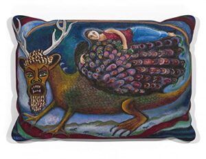 northwest art mall my dragon: colorful imaginary portrait with woman artist faux suede sofa throw pillow from oil painting by folk artist libby hoagland 13" x 19".