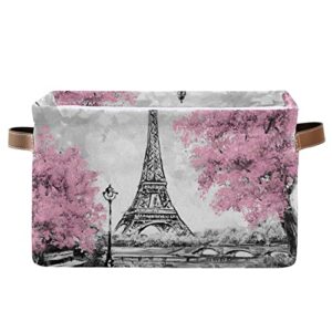 paris eiffel tower flower vintage storage bin canvas storage basket large toy storage cube box collapsible with handles for home office bedroom closet shelves, 1 pc