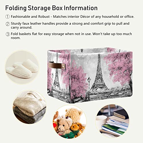 Paris Eiffel Tower Flower Vintage Storage Bin Canvas Storage Basket Large Toy Storage Cube Box Collapsible with Handles for Home Office Bedroom Closet Shelves, 1 pc