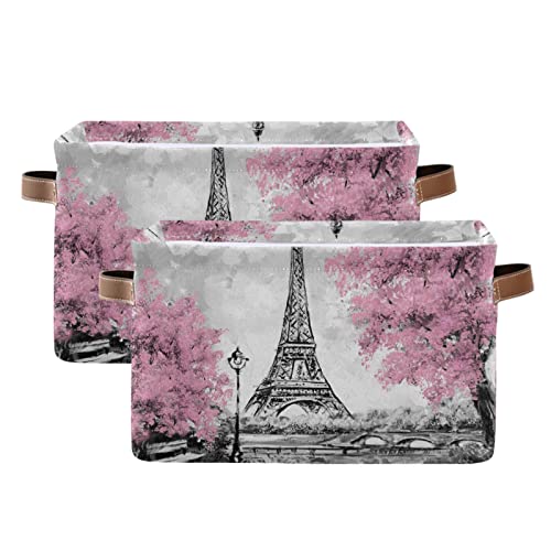 Paris Eiffel Tower Flower Vintage Storage Bin Canvas Storage Basket Large Toy Storage Cube Box Collapsible with Handles for Home Office Bedroom Closet Shelves, 1 pc