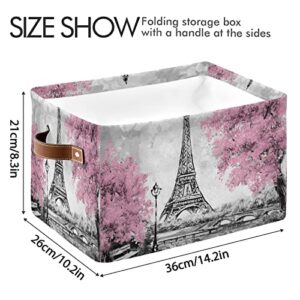 Paris Eiffel Tower Flower Vintage Storage Bin Canvas Storage Basket Large Toy Storage Cube Box Collapsible with Handles for Home Office Bedroom Closet Shelves, 1 pc