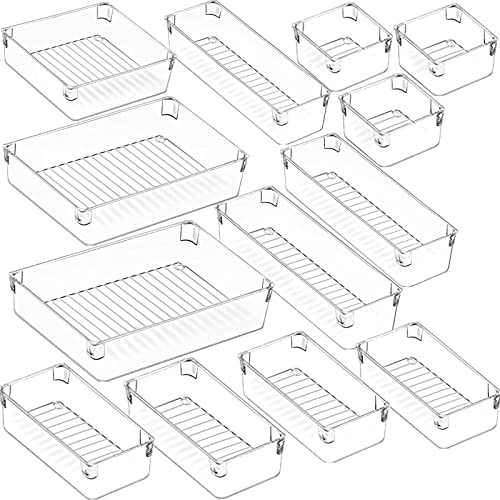 JEBBLAS Drawer Organizers 5-Size 13PCS Makeup Desk Drawer Organizer Plastic Bathroom Storage Bins Versatile Trays Vanity Dividers Container for Bedroom Dresser Kitchen Office