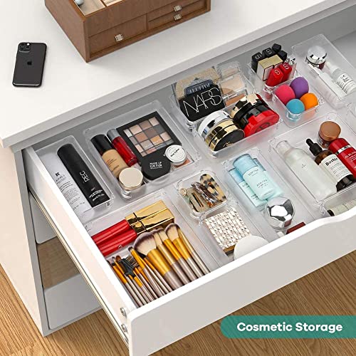 JEBBLAS Drawer Organizers 5-Size 13PCS Makeup Desk Drawer Organizer Plastic Bathroom Storage Bins Versatile Trays Vanity Dividers Container for Bedroom Dresser Kitchen Office