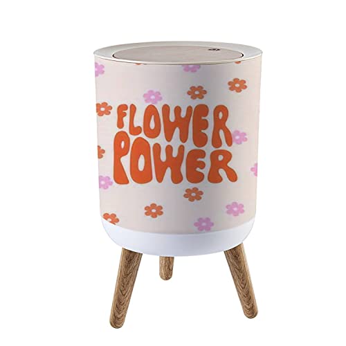 Small Trash Can with Lid Flower with Phrase Flower Power Hand Lettering in 70s Hippie Style 7 Liter Round Garbage Can Elasticity Press Cover Lid Wastebasket for Kitchen Bathroom Office 1.8 Gallon