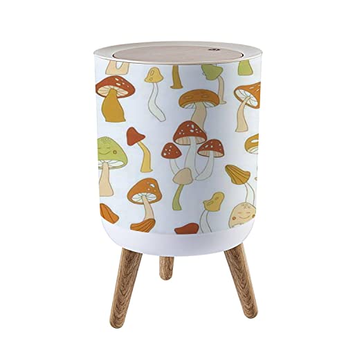 IKFLWJUTFW Small Trash Can Lid 70s Retro Mushroom Seamless Groovy Vintage Floral Repeat Fungi 7 Liter Round Garbage Can Elasticity Press Cover Lid Wastebasket Kitchen Bathroom Office 1.8 Gallon