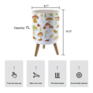 IKFLWJUTFW Small Trash Can Lid 70s Retro Mushroom Seamless Groovy Vintage Floral Repeat Fungi 7 Liter Round Garbage Can Elasticity Press Cover Lid Wastebasket Kitchen Bathroom Office 1.8 Gallon