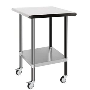 myoyay stainless steel table for prep & work 24 x 24 x 36 inches nsf metal commercial table with adjustable under shelf heavy duty work table with wheels for restaurant, home and hotel