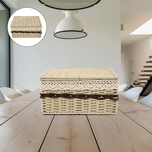 Homoyoyo Collapsible Laundry Baskets Wicker Storage Baskets Seagrass Storage Basket Bin Rectangular Wicker Basket with Lid for Shelves and Home Organizer Beige Small Storage Baskets Woven Baskets