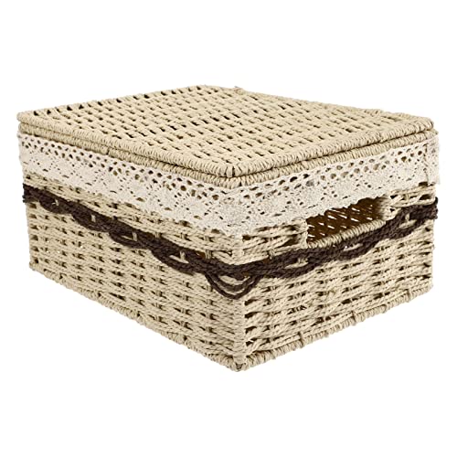 Homoyoyo Collapsible Laundry Baskets Wicker Storage Baskets Seagrass Storage Basket Bin Rectangular Wicker Basket with Lid for Shelves and Home Organizer Beige Small Storage Baskets Woven Baskets