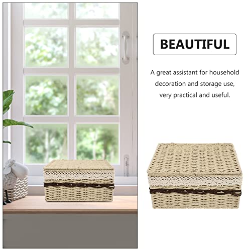 Homoyoyo Collapsible Laundry Baskets Wicker Storage Baskets Seagrass Storage Basket Bin Rectangular Wicker Basket with Lid for Shelves and Home Organizer Beige Small Storage Baskets Woven Baskets