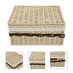 Homoyoyo Collapsible Laundry Baskets Wicker Storage Baskets Seagrass Storage Basket Bin Rectangular Wicker Basket with Lid for Shelves and Home Organizer Beige Small Storage Baskets Woven Baskets