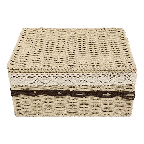 Homoyoyo Collapsible Laundry Baskets Wicker Storage Baskets Seagrass Storage Basket Bin Rectangular Wicker Basket with Lid for Shelves and Home Organizer Beige Small Storage Baskets Woven Baskets