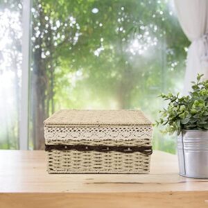 Homoyoyo Collapsible Laundry Baskets Wicker Storage Baskets Seagrass Storage Basket Bin Rectangular Wicker Basket with Lid for Shelves and Home Organizer Beige Small Storage Baskets Woven Baskets