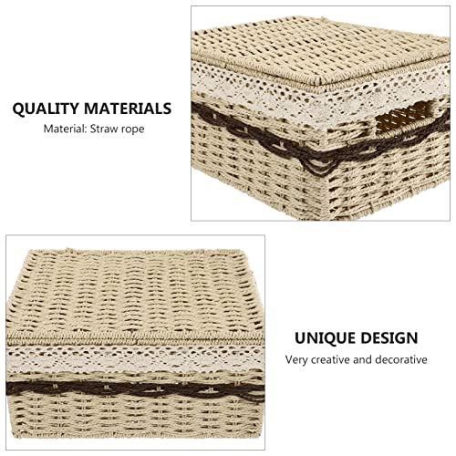 Homoyoyo Collapsible Laundry Baskets Wicker Storage Baskets Seagrass Storage Basket Bin Rectangular Wicker Basket with Lid for Shelves and Home Organizer Beige Small Storage Baskets Woven Baskets